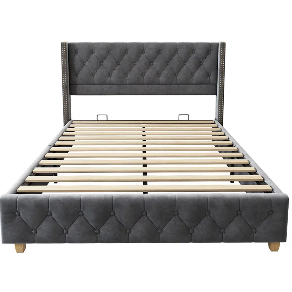 Redom Lit 160x200 cm tapissé velours gris avec tête capitonnée, ornements clous et pieds en bois robustes Outlet