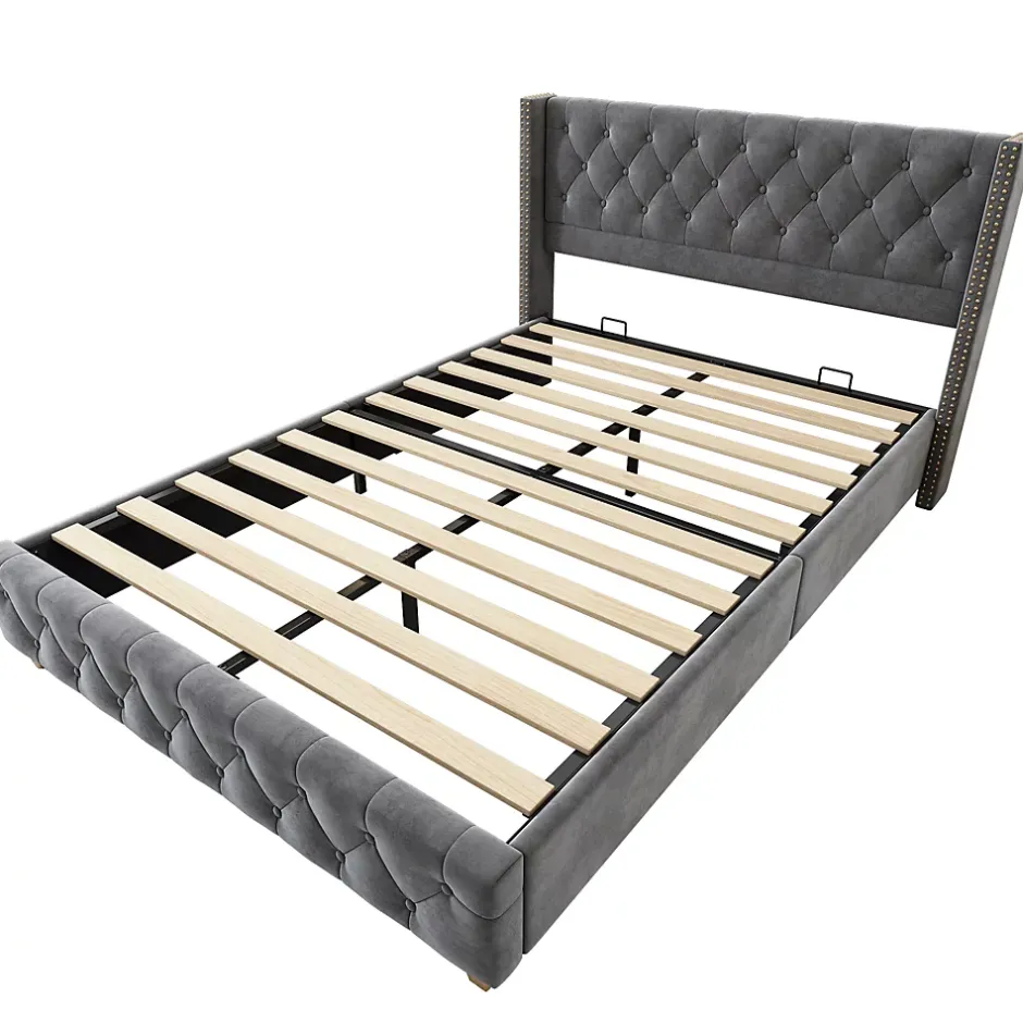 Redom Lit 160x200 cm tapissé velours gris avec tête capitonnée, ornements clous et pieds en bois robustes Outlet