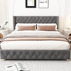 Redom Lit 160x200 cm tapissé velours gris avec tête capitonnée, ornements clous et pieds en bois robustes Outlet
