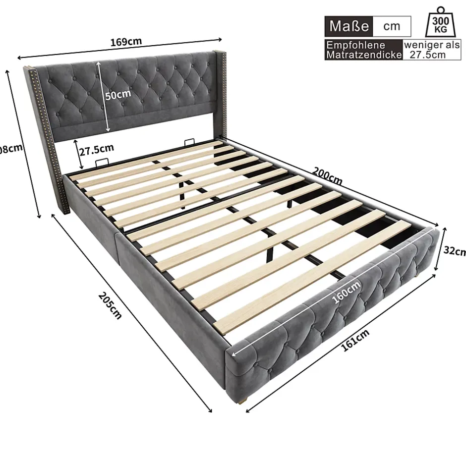 Redom Lit 160x200 cm tapissé velours gris avec tête capitonnée, ornements clous et pieds en bois robustes Outlet
