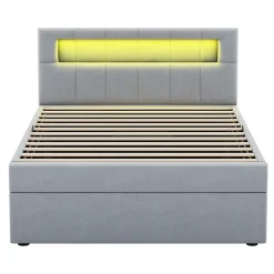 Redom Lit 90x200 cm tapissé velours gris avec éclairage d'ambiance LED, coffre de rangement et tête de lit réglable Discount