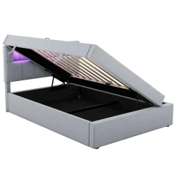 Redom Lit 90x200 cm tapissé velours gris avec éclairage d'ambiance LED, coffre de rangement et tête de lit réglable Discount
