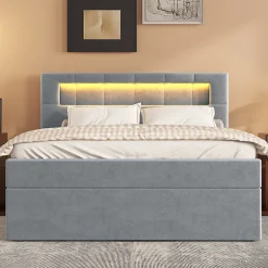Redom Lit 90x200 cm tapissé velours gris avec éclairage d'ambiance LED, coffre de rangement et tête de lit réglable Discount