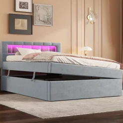 Redom Lit 90x200 cm tapissé velours gris avec éclairage d'ambiance LED, coffre de rangement et tête de lit réglable Discount