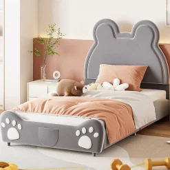 Redom Lit 90x200 cm tapissé velours gris en forme d'ours, design ludique et confortable pour chambre d'enfant Hot