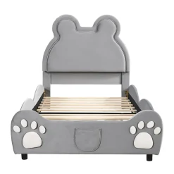 Redom Lit 90x200 cm tapissé velours gris en forme d'ours, design ludique et confortable pour chambre d'enfant Hot