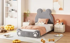 Redom Lit 90x200 cm tapissé velours gris en forme d'ours, design ludique et confortable pour chambre d'enfant Hot