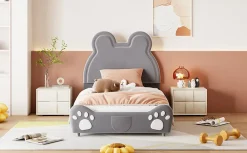 Redom Lit 90x200 cm tapissé velours gris en forme d'ours, design ludique et confortable pour chambre d'enfant Hot