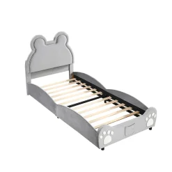 Redom Lit 90x200 cm tapissé velours gris en forme d'ours, design ludique et confortable pour chambre d'enfant Hot