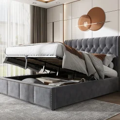 Redom Lit 140x190 cm tapissé velours gris avec coffre de rangement et tête de lit 103 cm cloutée Clearance