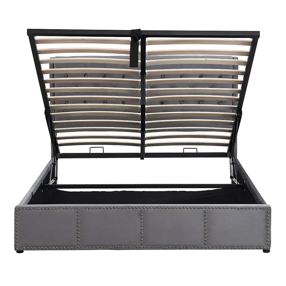 Redom Lit 140x190 cm tapissé velours gris avec coffre de rangement et tête de lit 103 cm cloutée Clearance