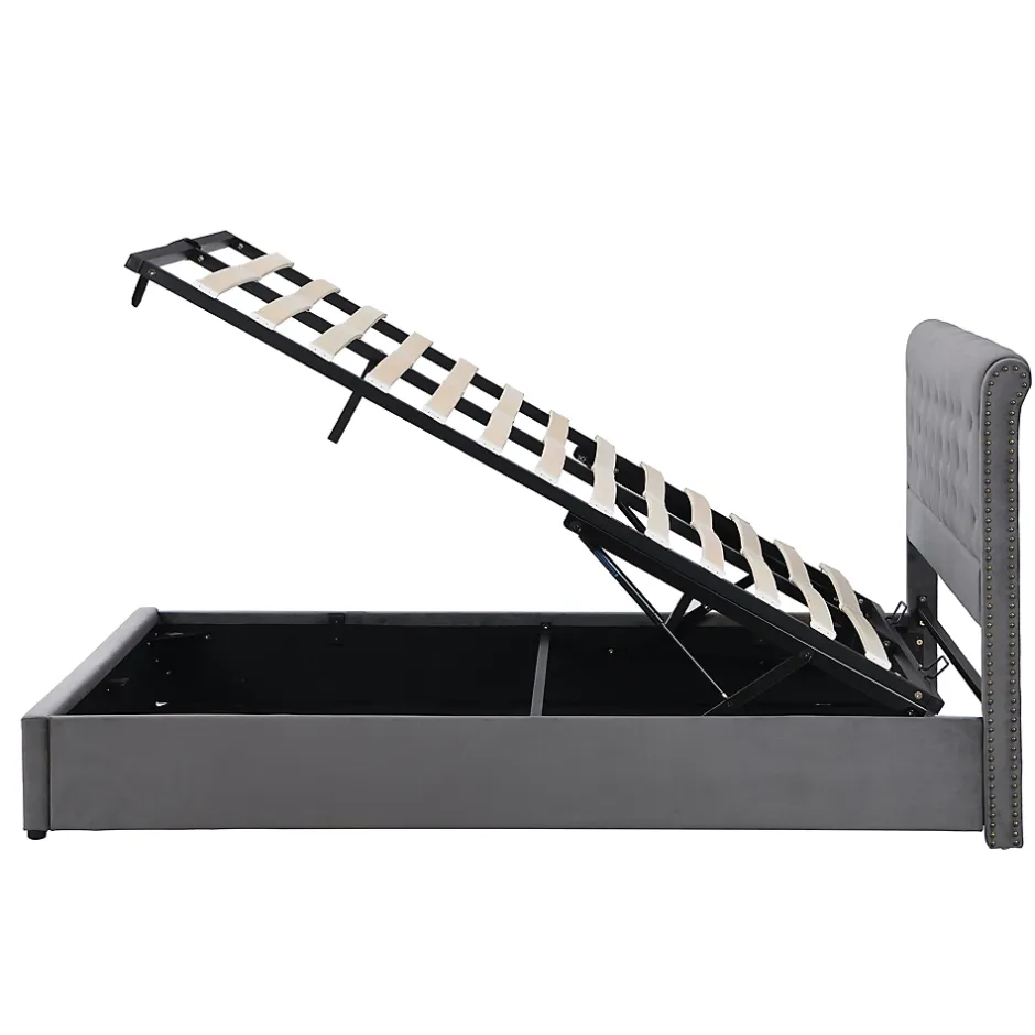 Redom Lit 140x190 cm tapissé velours gris avec coffre de rangement et tête de lit 103 cm cloutée Clearance