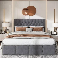 Redom Lit 140x190 cm tapissé velours gris avec coffre de rangement et tête de lit 103 cm cloutée Clearance