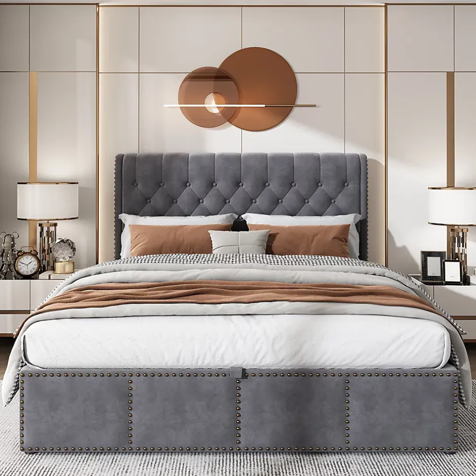 Redom Lit 140x190 cm tapissé velours gris avec coffre de rangement et tête de lit 103 cm cloutée Clearance