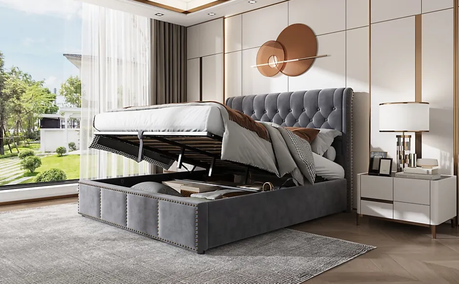 Redom Lit 140x190 cm tapissé velours gris avec coffre de rangement et tête de lit 103 cm cloutée Clearance
