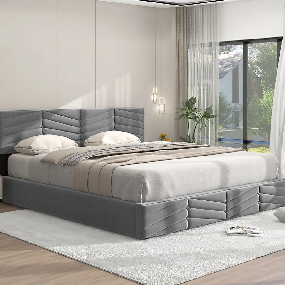 Redom Lit 180x200 cm tapissé velours gris avec coffre hydraulique et tête réglable, style européen élégant