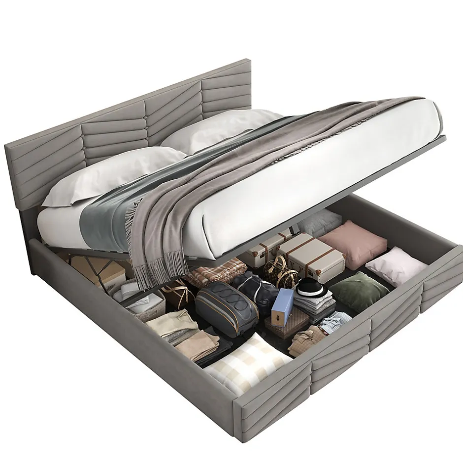 Redom Lit 180x200 cm tapissé velours gris avec coffre hydraulique et tête réglable, style européen élégant