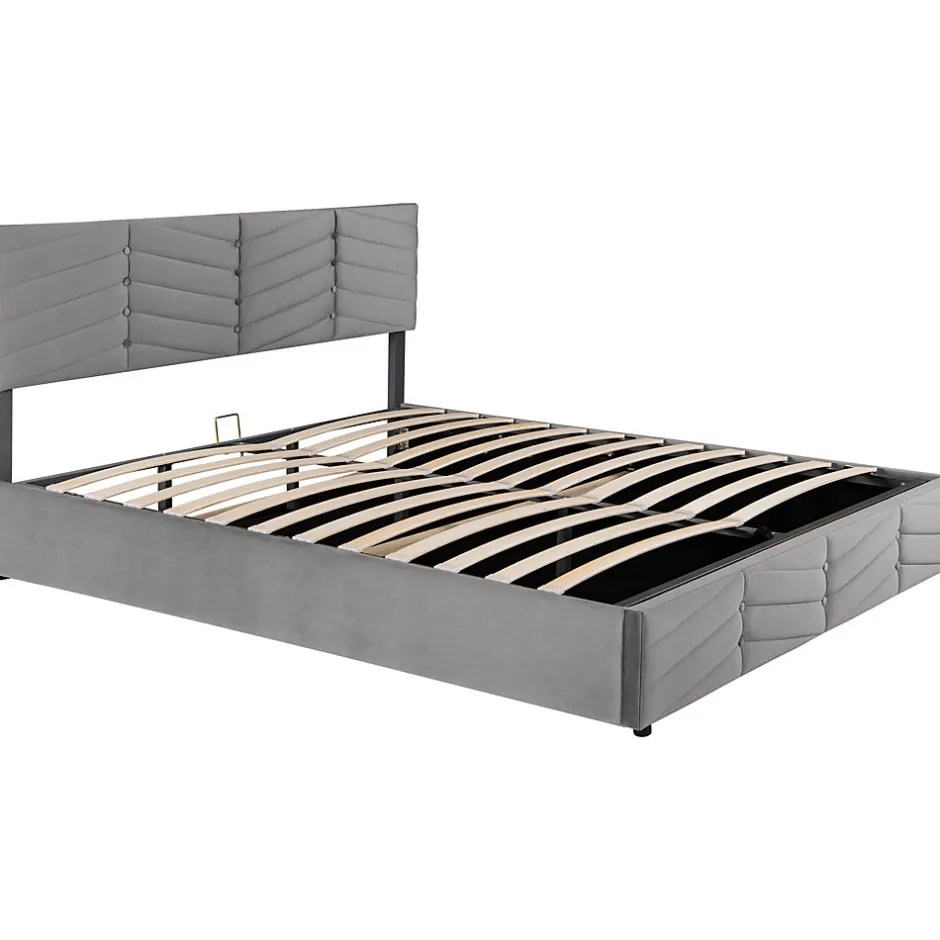 Redom Lit 180x200 cm tapissé velours gris avec coffre hydraulique et tête réglable, style européen élégant