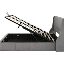 Redom Lit 180x200 cm tapissé velours gris avec tête de lit rembourrée et coffre de rangement, levage hydraulique
