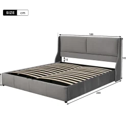 Redom Lit 180x200 cm tapissé velours gris avec tête de lit rembourrée et coffre de rangement, levage hydraulique