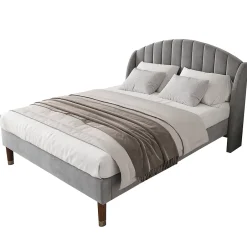 Redom Lit 160x200 cm tapissé velours gris avec tête de lit rembourrée et sommier à lattes robuste, design moderne Online