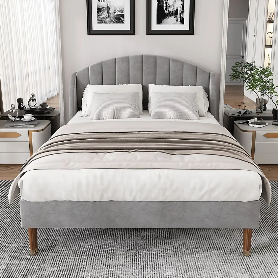 Redom Lit 160x200 cm tapissé velours gris avec tête de lit rembourrée et sommier à lattes robuste, design moderne Online