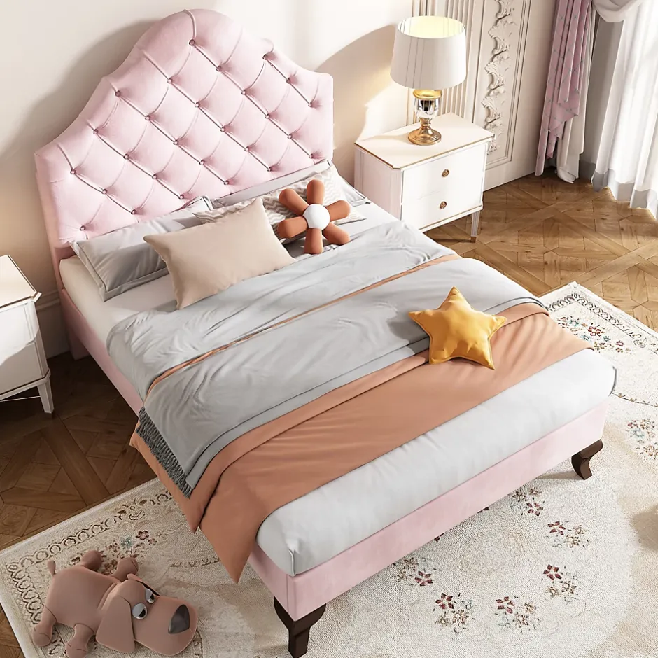Redom Lit 90x200 cm tapissé velours rose avec tête réglable, lattes en bois et pieds 20 cm, design élégant Online