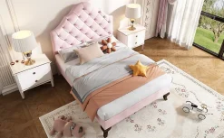 Redom Lit 90x200 cm tapissé velours rose avec tête réglable, lattes en bois et pieds 20 cm, design élégant Online