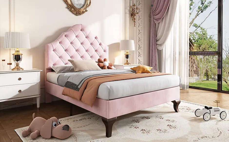 Redom Lit 90x200 cm tapissé velours rose avec tête réglable, lattes en bois et pieds 20 cm, design élégant Online