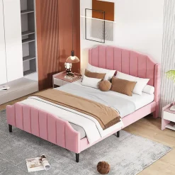 Redom Lit 140x200 cm tapissé velours rose avec tête et pied rembourrés, cadre MDF robuste contemporain