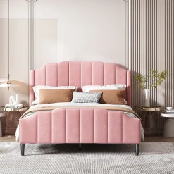Redom Lit 140x200 cm tapissé velours rose avec tête et pied rembourrés, cadre MDF robuste contemporain