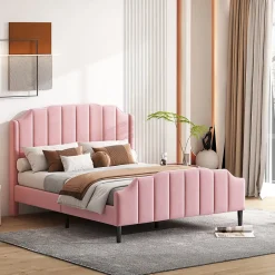 Redom Lit 140x200 cm tapissé velours rose avec tête et pied rembourrés, cadre MDF robuste contemporain
