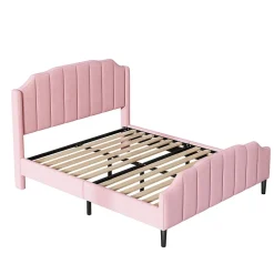 Redom Lit 140x200 cm tapissé velours rose avec tête et pied rembourrés, cadre MDF robuste contemporain