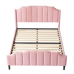 Redom Lit 140x200 cm tapissé velours rose avec tête et pied rembourrés, cadre MDF robuste contemporain