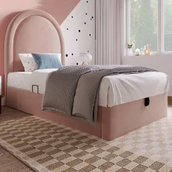 Redom Lit 90x190 cm tapissé velours rose avec tête demi-cercle et coffre, cadre métal et bois massif, style moderne