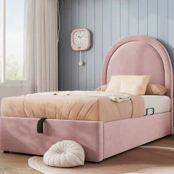 Redom Lit 90x190 cm tapissé velours rose avec tête demi-cercle et coffre, cadre métal et bois massif, style moderne