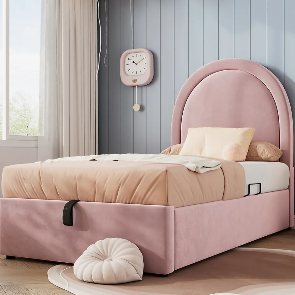Redom Lit 90x190 cm tapissé velours rose avec tête demi-cercle et coffre, cadre métal et bois massif, style moderne