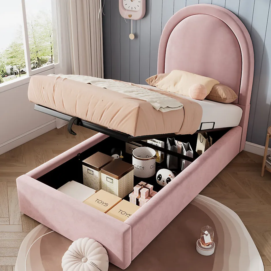 Redom Lit 90x190 cm tapissé velours rose avec tête demi-cercle et coffre, cadre métal et bois massif, style moderne