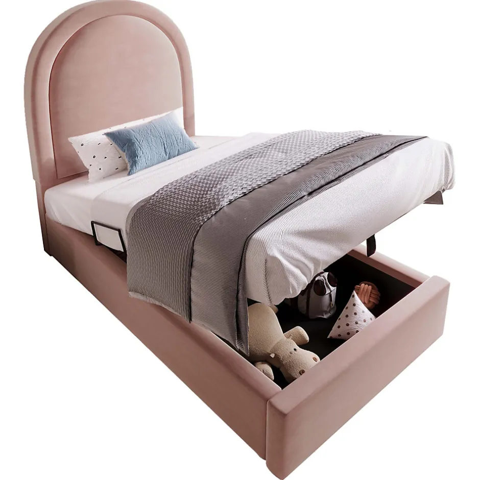 Redom Lit 90x190 cm tapissé velours rose avec tête demi-cercle et coffre, cadre métal et bois massif, style moderne