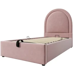 Redom Lit 90x190 cm tapissé velours rose avec tête demi-cercle et coffre, cadre métal et bois massif, style moderne