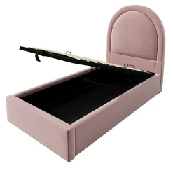 Redom Lit 90x190 cm tapissé velours rose avec tête demi-cercle et coffre, cadre métal et bois massif, style moderne