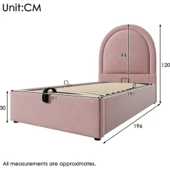 Redom Lit 90x190 cm tapissé velours rose avec tête demi-cercle et coffre, cadre métal et bois massif, style moderne