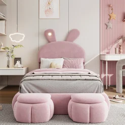 Redom Lit 90x200 cm tapissé velours rose avec oreilles de lapin et éclairage LED réglable, 2 poufs