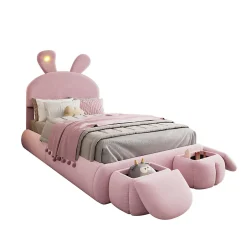 Redom Lit 90x200 cm tapissé velours rose avec oreilles de lapin et éclairage LED réglable, 2 poufs
