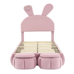 Redom Lit 90x200 cm tapissé velours rose avec oreilles de lapin et éclairage LED réglable, 2 poufs