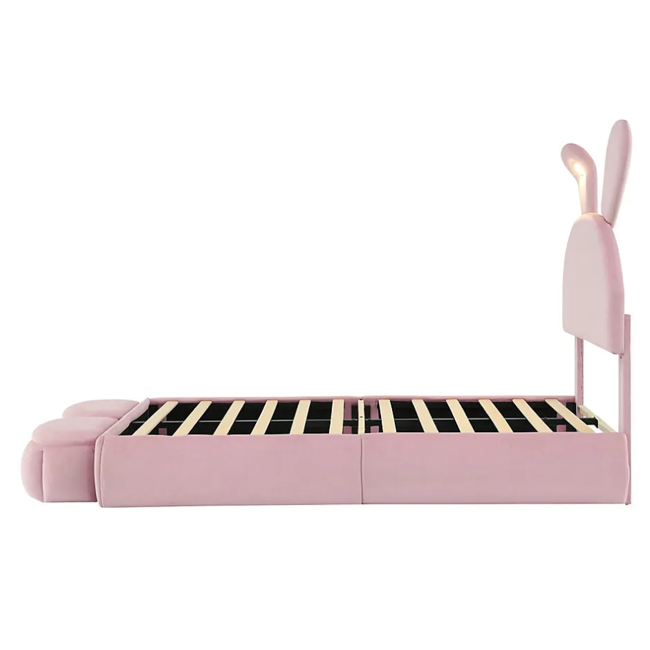 Redom Lit 90x200 cm tapissé velours rose avec oreilles de lapin et éclairage LED réglable, 2 poufs