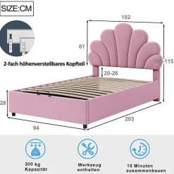 Redom Lit 90x200 cm tapissé velours rose avec tête de lit fleurie et coffre de rangement hydraulique Best