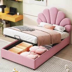 Redom Lit 90x200 cm tapissé velours rose avec tête de lit fleurie et coffre de rangement hydraulique Best