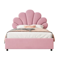 Redom Lit 90x200 cm tapissé velours rose avec tête de lit fleurie et coffre de rangement hydraulique Best