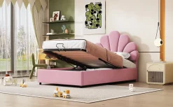 Redom Lit 90x200 cm tapissé velours rose avec tête de lit fleurie et coffre de rangement hydraulique Best